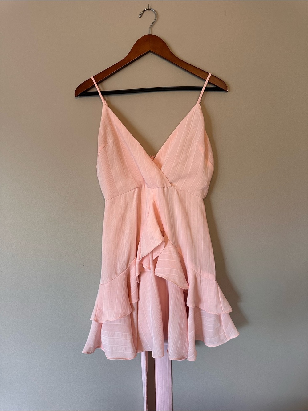 Hello Molly Pale Pink Spaghetti-Strap Ruffle Tie Mini Dress - Picture 3 of 4